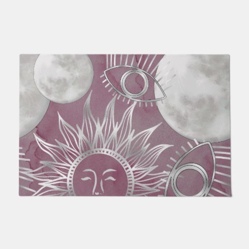 Solar Mystique  Pink Silver Moon Stars Sun Eyes Doormat