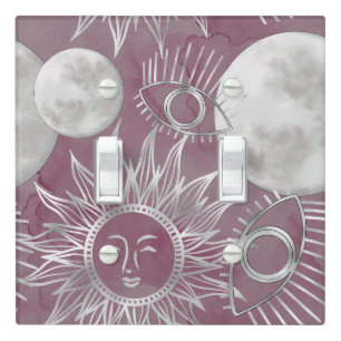 Solar Mystique   Pink Silver Moon Stars Sun Eyes Light Switch Cover