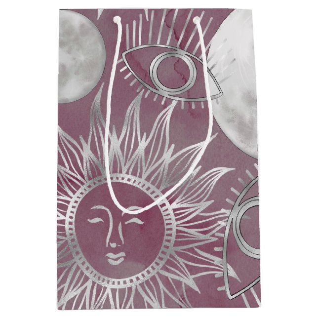 Solar Mystique | Pink Silver Moon Stars Sun Eyes Medium Gift Bag (Front)