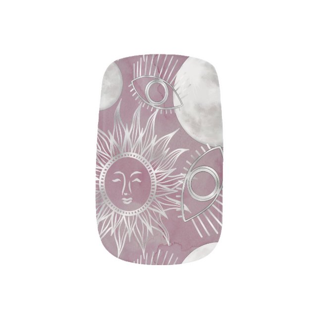 Solar Mystique | Pink Silver Moon Stars Sun Eyes Minx Nail Art (Left Thumb)