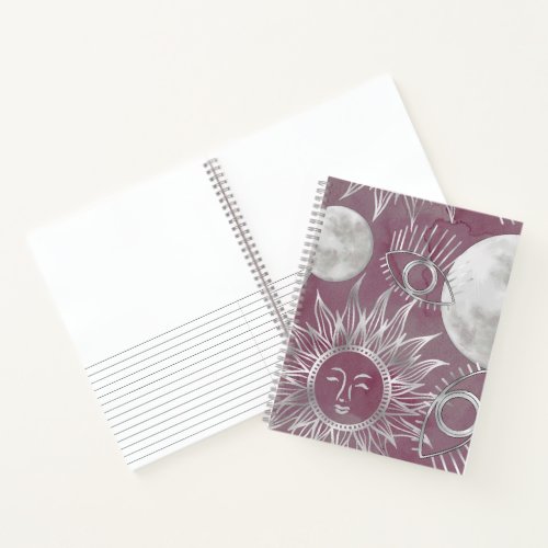 Solar Mystique  Pink Silver Moon Stars Sun Eyes Notebook