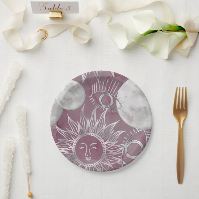 Solar Mystique | Pink Silver Moon Stars Sun Eyes Paper Plates (Wedding)
