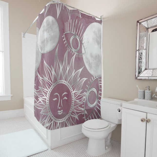 Solar Mystique | Pink Silver Moon Stars Sun Eyes Shower Curtain (In Situ)