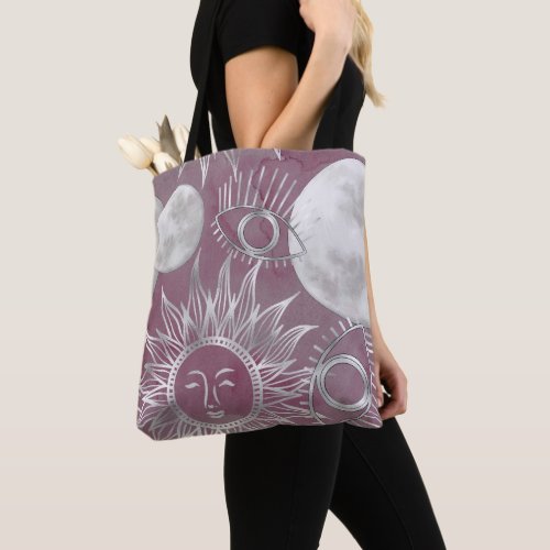 Solar Mystique  Pink Silver Moon Stars Sun Eyes Tote Bag