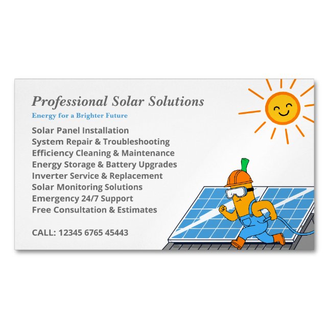 Solar Panel Cleaning Maintenance Cartoon Business Card Magnet (Front)