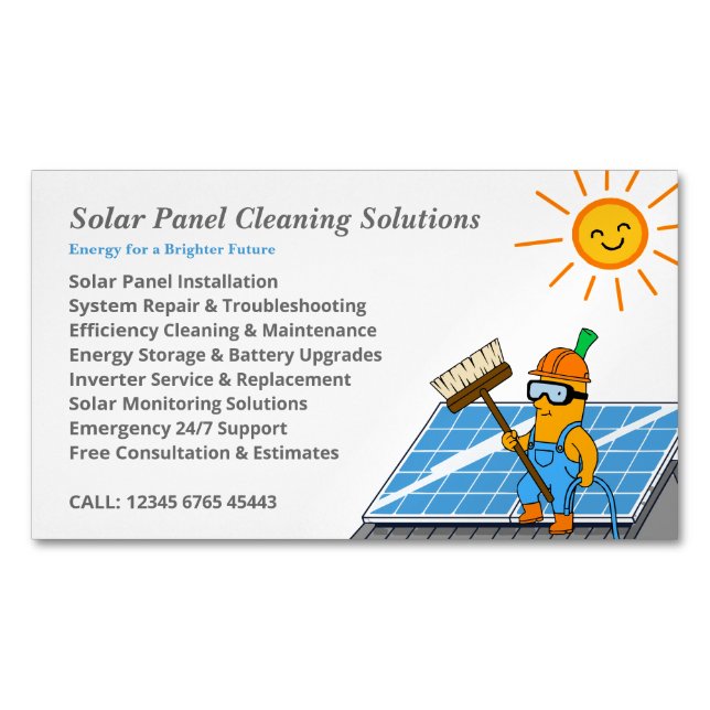 Solar Panel Cleaning Services Mascot Cartoon Business Card Magnet (Front)