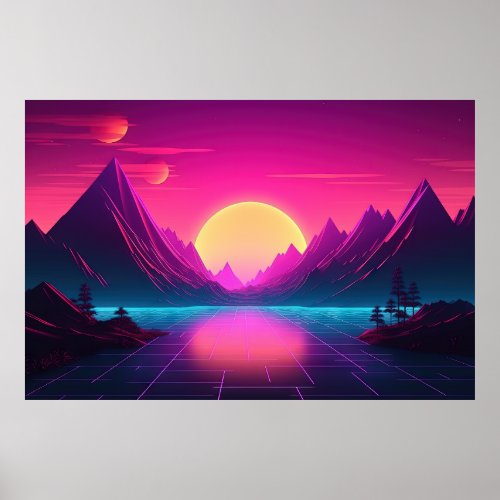 Solar Summits Synthwave Radiance in the Mountains Poster