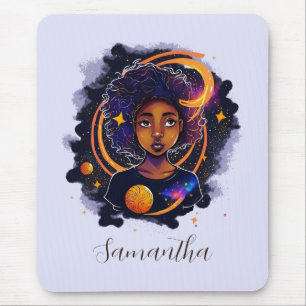 Solar System Afro Woman Mouse Pad