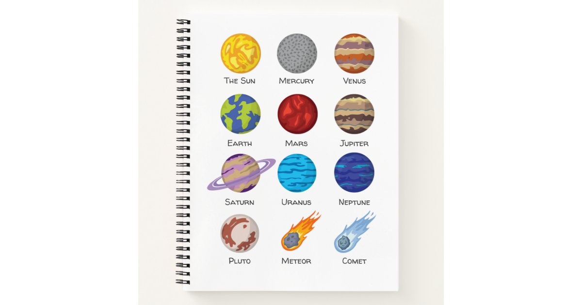 Solar system, Cartoon drawing of the planets white Notebook | Zazzle