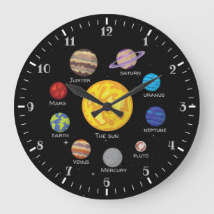 Solar system cartoon drawing planets outerspace  large clock