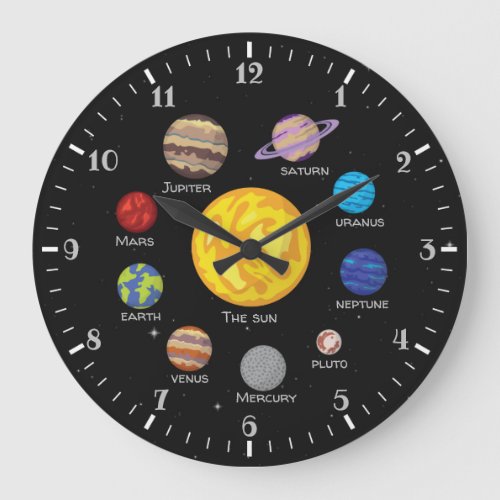 Solar system cartoon drawing planets outerspace  large clock