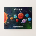 Solar System Educational Name  Jigsaw Puzzle<br><div class="desc">Educational solar system puzzle for kids who are space fans! Each star or planet is labeled with name. Includes sun,  mercury,  venus,  earth,  mars,  jupiter,  saturn,  uranus,  and neptune in proper order. Cool colorful galaxy background. Add child's name to personalize!</div>