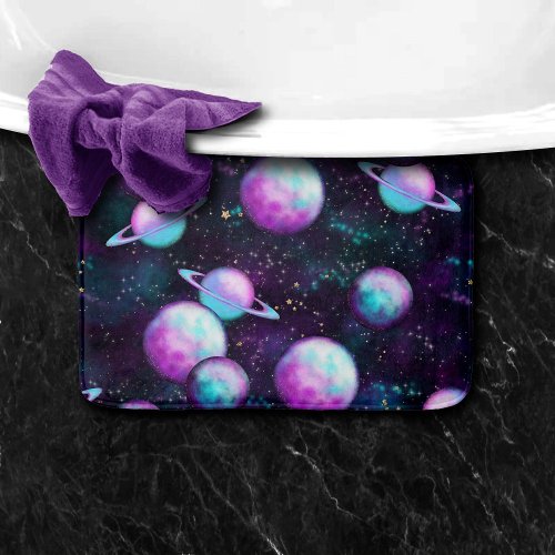 Solar System Glow  Cosmic Blue Purple Pink Planet Bath Mat