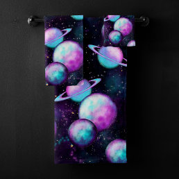 Solar System Glow | Cosmic Blue Purple Pink Planet Bath Towel Set