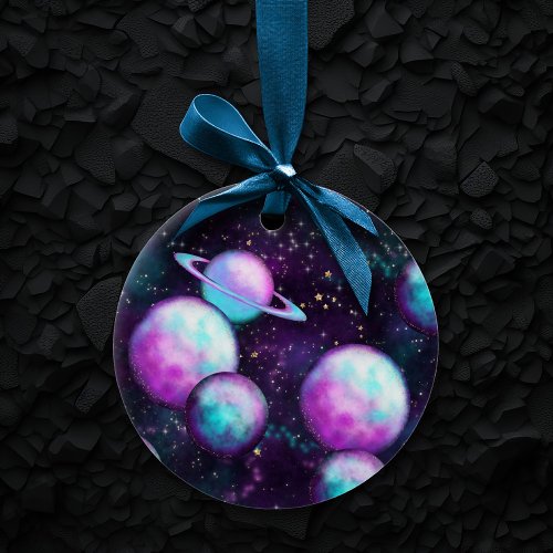 Solar System Glow  Cosmic Blue Purple Pink Planet Ceramic Ornament