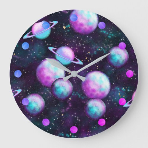 Solar System Glow  Cosmic Blue Purple Pink Planet Large Clock