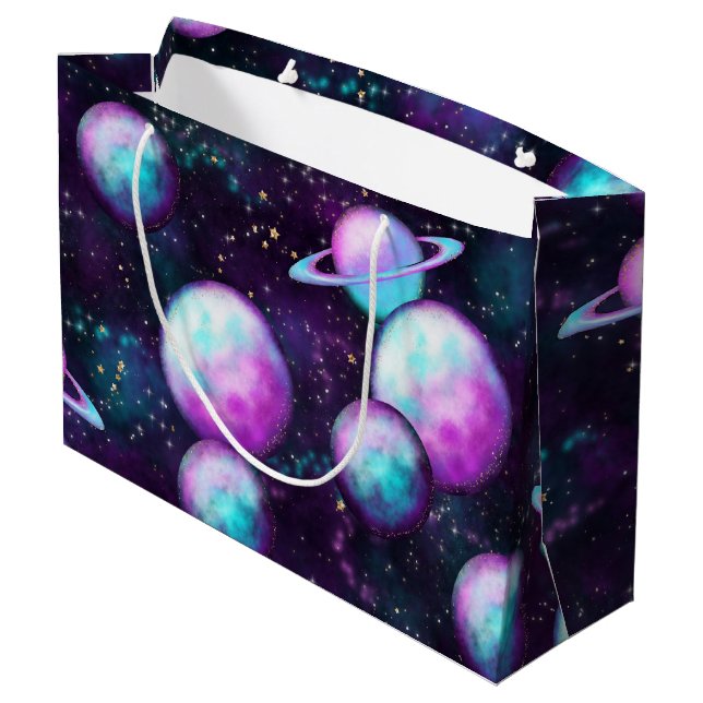 Solar System Glow | Cosmic Blue Purple Pink Planet Large Gift Bag (Back Angled)