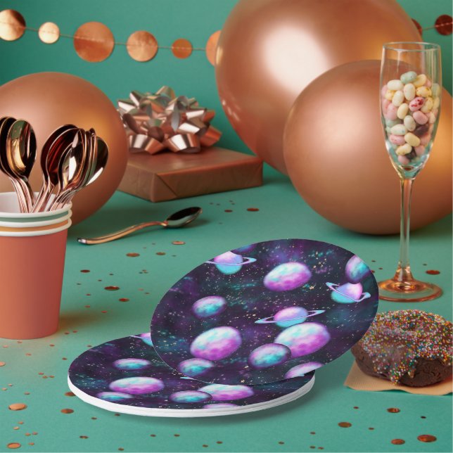 Solar System Glow | Cosmic Blue Purple Pink Planet Paper Plates (Multi)