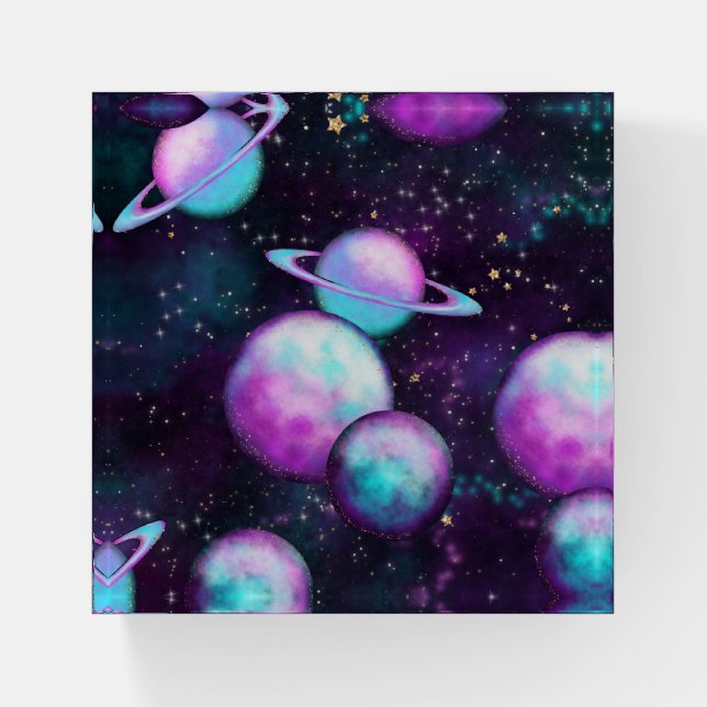 Solar System Glow | Cosmic Blue Purple Pink Planet Paperweight (Front)
