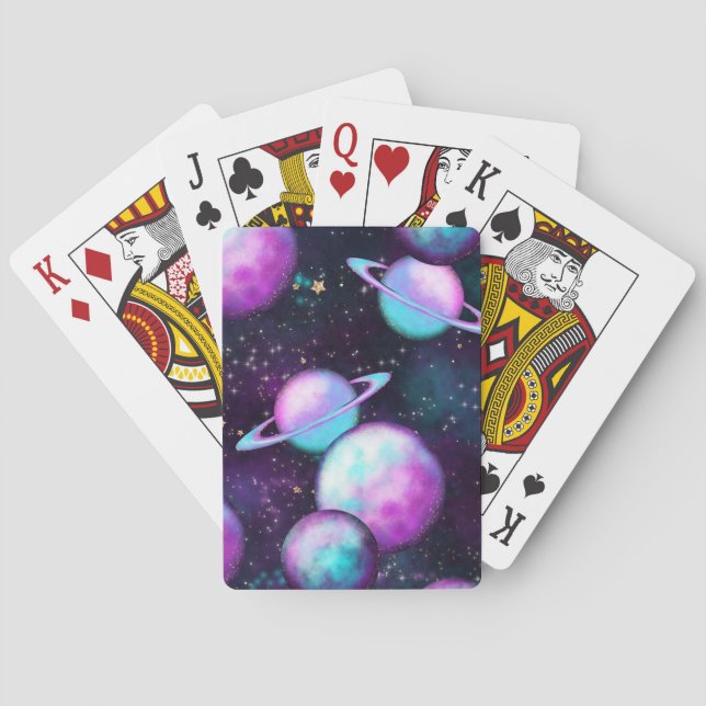 Solar System Glow | Cosmic Blue Purple Pink Planet Poker Cards (Back)