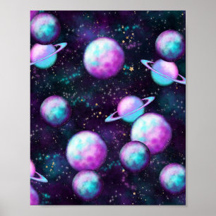Solar System Glow   Cosmic Blue Purple Pink Planet Poster