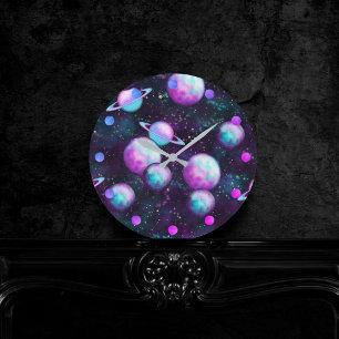 Solar System Glow   Cosmic Blue Purple Pink Planet Round Clock