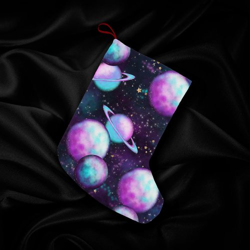 Solar System Glow  Cosmic Blue Purple Pink Planet Small Christmas Stocking