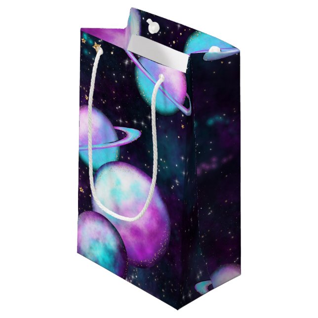 Solar System Glow | Cosmic Blue Purple Pink Planet Small Gift Bag (Front Angled)