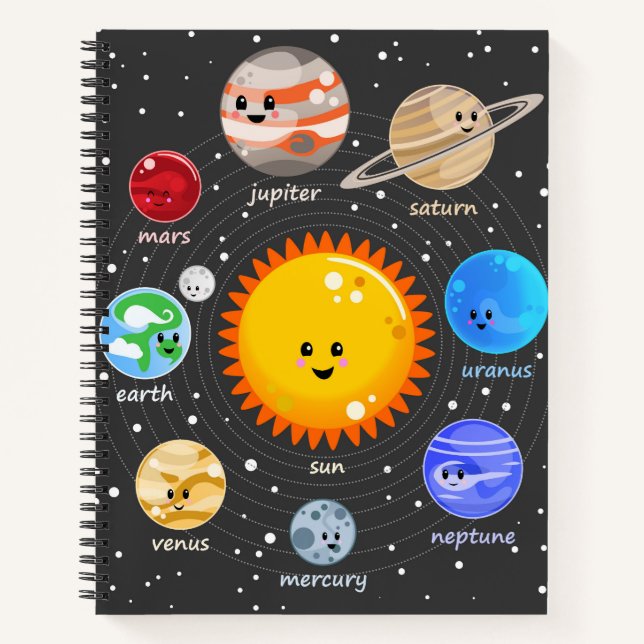 Solar system Kawaii happy planets stars chart Note Notebook (Front)