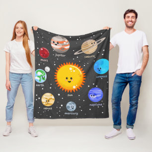 Solar system kawaii illustration sun and planets fleece blanket