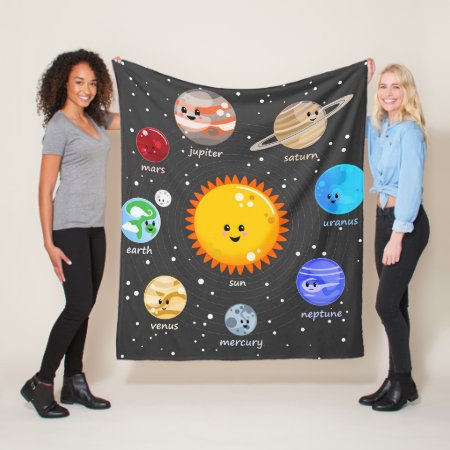 Solar System Kawaii Illustration Sun And Planets Fleece Blanket