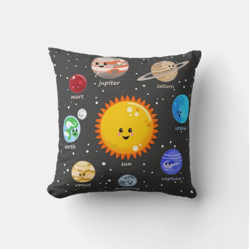 Solar system kawaii illustration sun and planets throw pillow