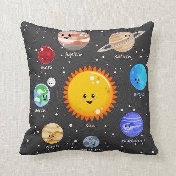 Solar System Kawaii Illustration Sun And Planets Throw Pillow by BadEnglishCat at Zazzle