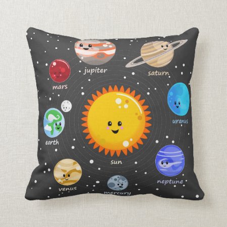 Solar System Kawaii Illustration Sun And Planets Throw Pillow