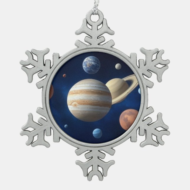 Solar System Montage Snowflake Pewter Christmas Ornament (Front)