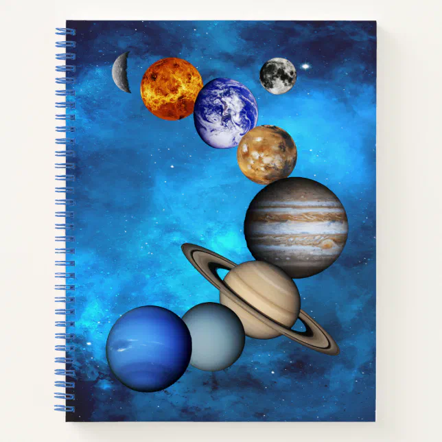 Solar System- Our Planets On  Deep Blue Starry Sky Notebook (Front)