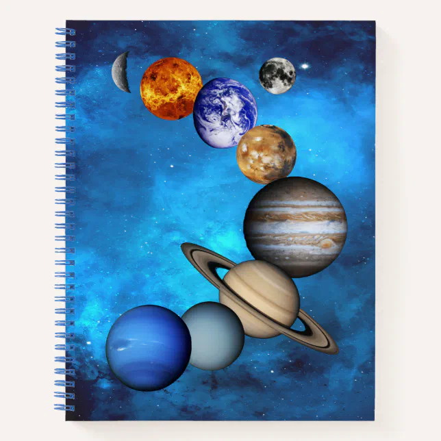 Solar System- Our Planets On  Deep Blue Starry Sky Notebook (Front)