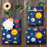 Solar System Pattern for Kids Birthday Party Wrapping Paper Sheets<br><div class="desc">Celebrate the solar system with these custom cheerful outer space themed birthday party wrapping paper sheets. Gift wrap has a happy sun, happy planets (Mercury, Venus, Earth, Mars, Jupiter, Saturn, Uranus, and Neptune), as well as happy dwarf planet Pluto, asteroids, and stars. Personalize the wrapping paper sheet set with your...</div>