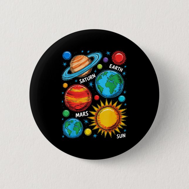 Solar System Planets Earth Mars Saturn Sun Sketch  Button (Front)