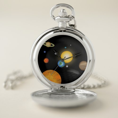 Solar System Planets in Deep Dark Space Pocket Watch