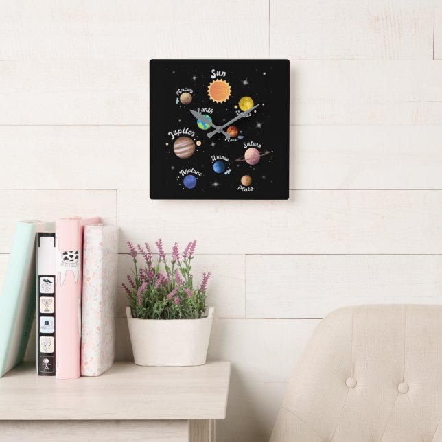 Solar System Planets Kids Knowledge Outer Space Ca Square Wall Clock (Reading Room)