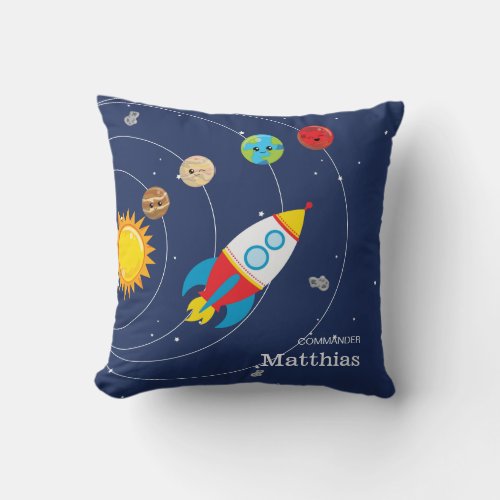 Solar System Planets Rocketship Space Astronaut Throw Pillow