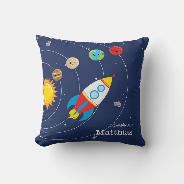Solar System Planets Rocketship Space Astronaut Throw Pillow (Front)