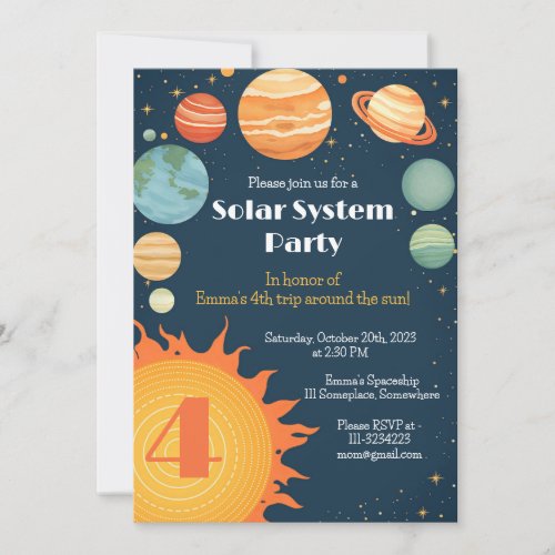 Solar system planets sun kids birthday invitation