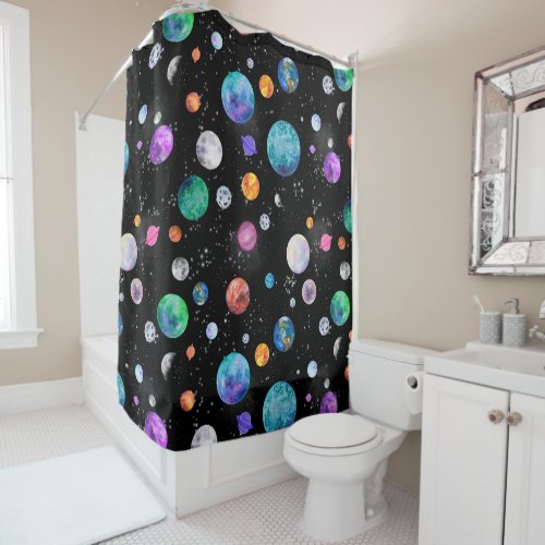 Solar System Watercolor Outer Space Planets Galaxy Shower Curtain