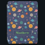 Solar System with Sun and Planets Personalized iPad Air Cover<br><div class="desc">A fun and modern solar system pattern with colorful planet,  star and sun illustrations against a dark blue background. This design can be personalized with a baby's name or monogrammed with initials. A great baby shower gift for new or expecting mother.</div>