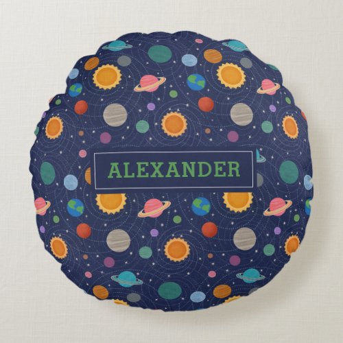 Solar System with Sun and Planets Personalized Round Pillow
