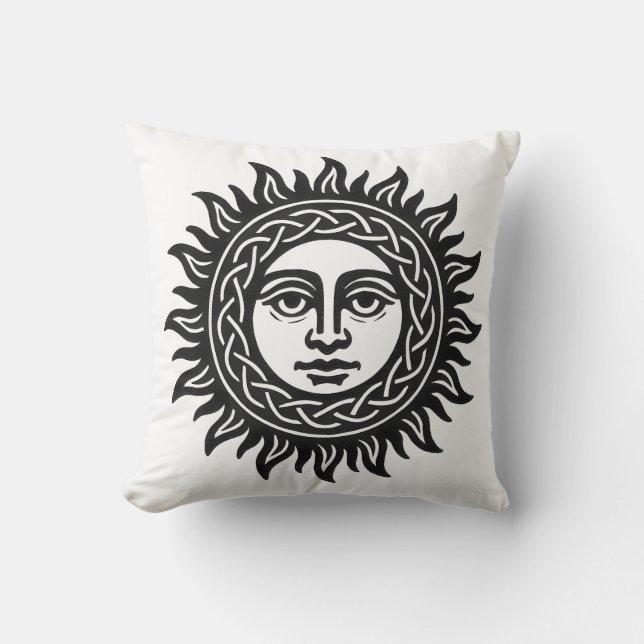 Solar Visage Sigil – Black Sun Emblem Tee Throw Pillow (Front)
