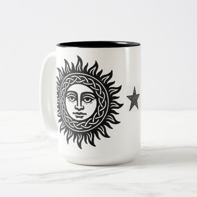 Solar Visage Sigil – Black Sun Emblem Two-Tone Coffee Mug (Front Left)