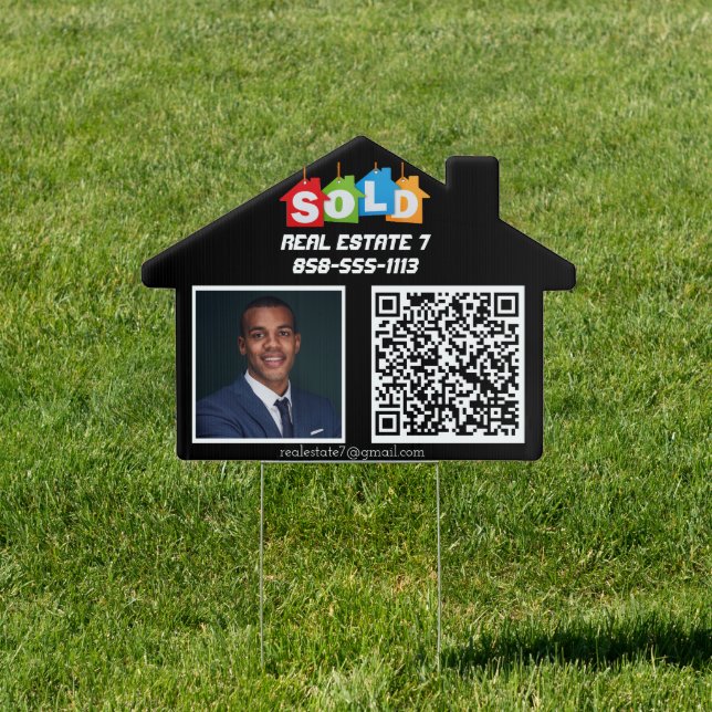 SOLD House Shaped  Black Real Estate Sign QR Code (Insitu)